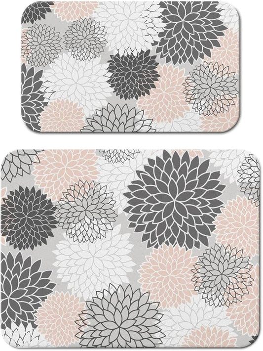 Dish Drying Mat 2-Pack Grey Pink Dahlia for Kitchen Counter Dishes Mat | Diatom Mud Mats (18x24, 19.5x12"). Non-slip rubber back for kitchen counter, coffee bar & sink scenes