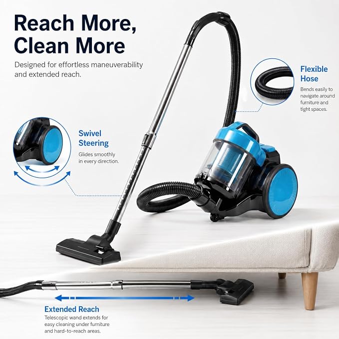 Simple Deluxe Household Portable 16.4Ft Vacuum Cleaner, 16Kpa Bagless Canister Cleaner, Lightweight Powerful Vacuum for Carpets and Hard Floors, with Washable HEPA Filter, Blue
