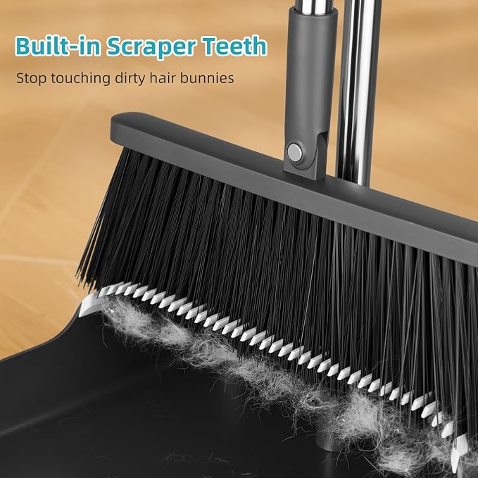 MOPALL Broom with Dustpan Combo Set 53" Long Handle, Includes 2 Broom Heads | Self-Cleaning Dustpan Teeth, 180° Swivel Brooms Head, Angled Bristle, Standing Dustpan for Sweeping Indoor Dog Cat Pets Hair