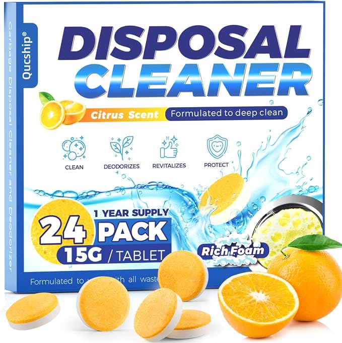 Garbage Disposal Cleaner and Deodorizer Tablets - 24 Pack, Powerful XXL Foaming Disposal Cleaner - Citrus Scented Foam, Natural Garburator & Sink Freshener, Septic Safe Kitchen Drain Cleaning Care