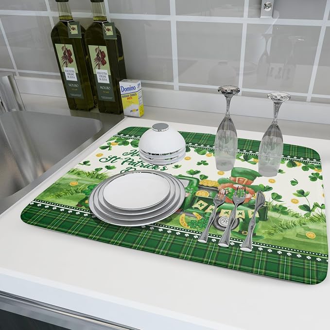 Shamrock Truck Dish Drying Mat Buffalo Check Dish Drainer Mat 18x24 inch Reversible Microfiber Quick Dry Rack Pad for Kitchen Counter Sink