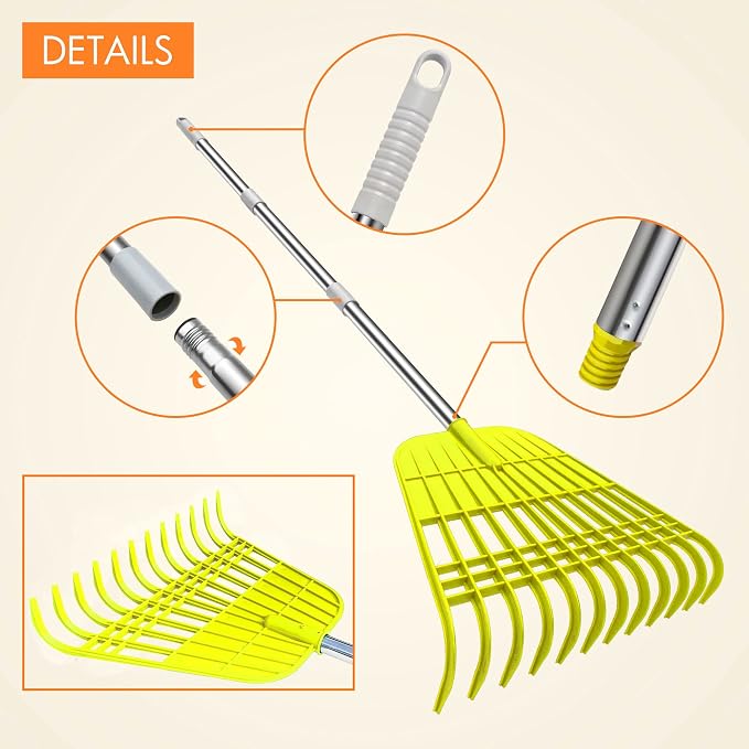 Gardzen 12 Tines Gardening Leaf Rake | Lightweight Steel Handle, Detachable, Ideal Camp Rake, Comes with Dustpan-Type Garden Bag - Yellow