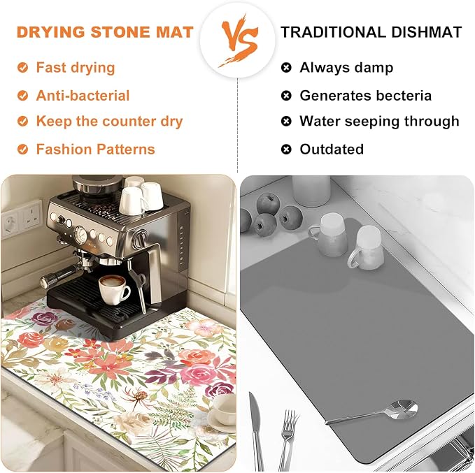 LOKHOM Dish Drying Mat for Kitchen Counter, 18"x24" Absorbent Coffee Bar Mat with Pink Roses Petals, Dish Drainer Rack Mat for Kitchen Counter and Dining Room Decoration