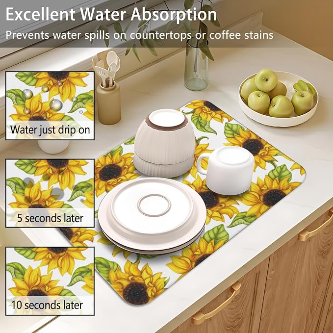 Dish Drying Mat 2-Pack in Sunflower Floral for Kitchen Counter Dishes Mat | Diatom Mud Mats (18x24, 19.5x12"). Non-slip rubber back for kitchen counter, coffee bar & sink scenes