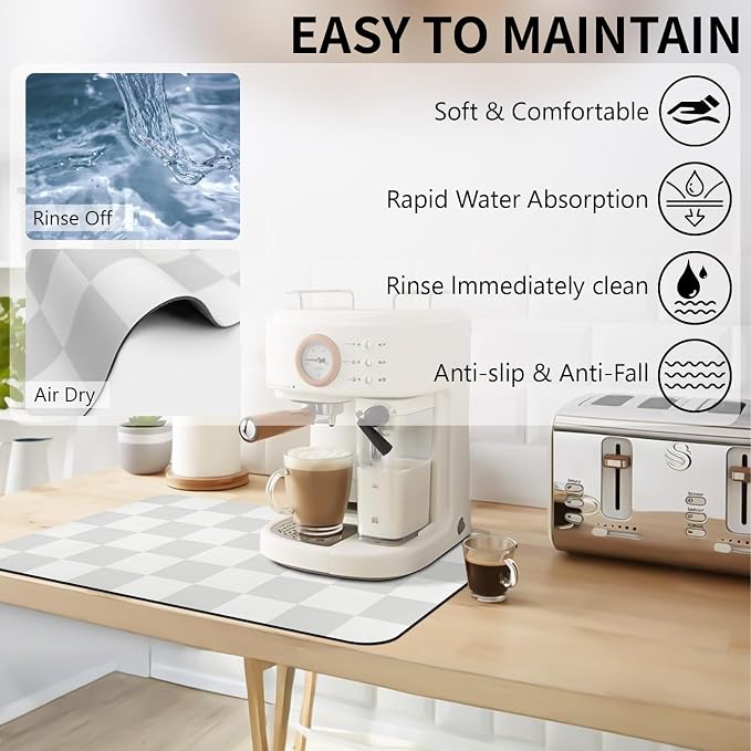 Dish Drying Mat for Kitchen Counter,16"x 24" Super Absorbent Kitchen Dish Drying Pad, Coffee Bar Mat with Rubber Backed, Coffee Bar Accessories for Countertop Dishes Utensils,Grey Checkered