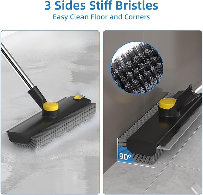 Floor Scrub Brush with Long Handle, 3 in 1 Scrape and Heavy-Duty Stiff Bristle Floor Scrubber Brush Broom with Squeegee and Tweezer for Cleaning Black