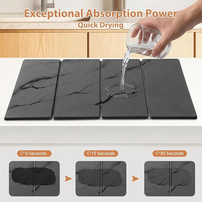 Large Stone Dish Drying Mat for Kitchen Counter, 2 PCS Quick Dry Diatomaceous Earth Dish Mat Set – Foldable Water Absorbing Kitchen Accessories for Countertop(Dark Gray 24"x16"&8"x4")