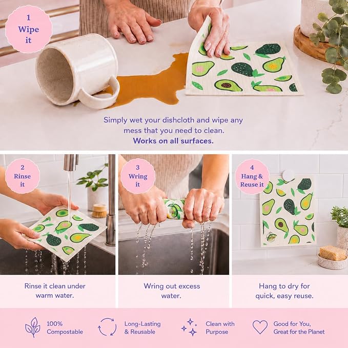 Harps&Seb Swedish Dishcloths for Kitchen Dishcloths - 6 Pack, Reusable Paper Towels with Clips, Super Absorbent Washable Non-Scratch Swedish Dish Towels, No Odor, Biodegradable