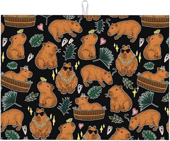Capybara Dish Drying Mat for Kitchen Counter Cute Kitchen Mat Microfiber Kitchen Countertop Absorbent Reversible Drainer Rack Pad Dish Drying Mat 18 x 24 Inch