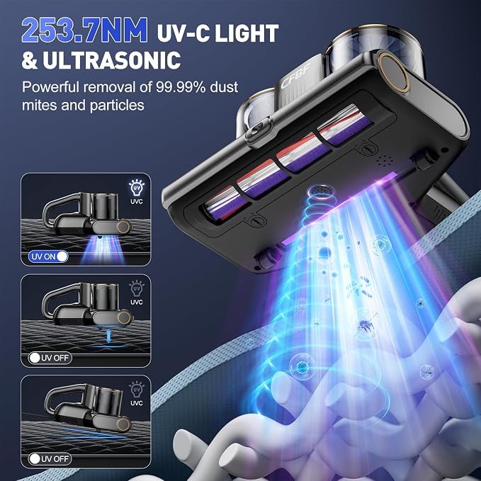 CFBF Mattress Bed Vacuum Cleaner with 16Kpa Suction & 253.7nm UV-C Light | Ultrasonic & High Heating, 500W Powerful Double-Cup Handheld Vacuums for Bed, Sofa, Couch, Crib, 16.4FT Corded