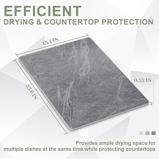 Large Stone Drying Mat for Kitchen Counter, 24" × 16" Diatomite Dish Drying Mat, Quick Dry Stone Mats, Ultra Absorbent Natural Diatomaceous Earth Mats for Dished, Bottles, Black Marble