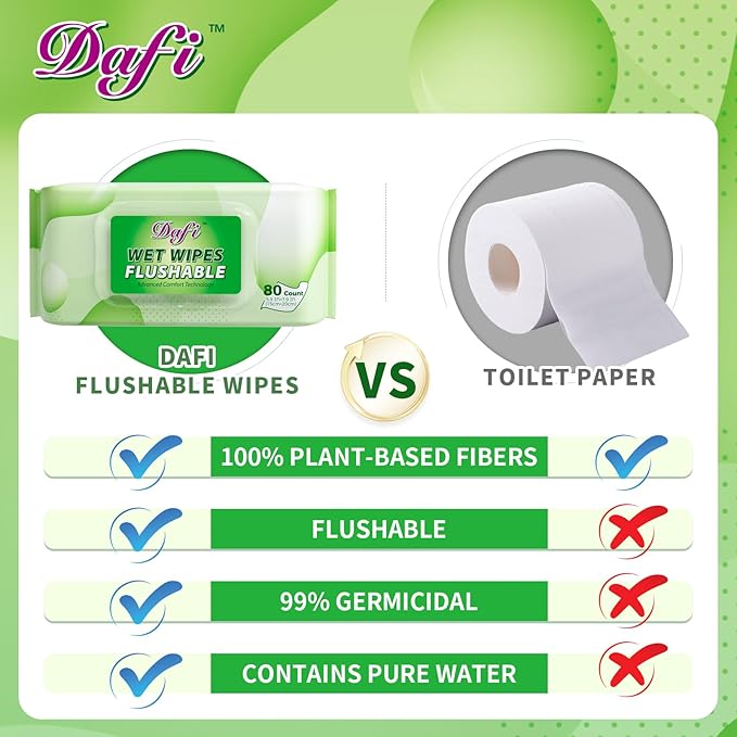 DAFI Flushable Wipes for Adult Wet Wipes,80 Count Unscented Toilet Wipes Flushable, No Alcohol & 100% Plant Based Fibers, Septic and Sewer Safe pack of 1