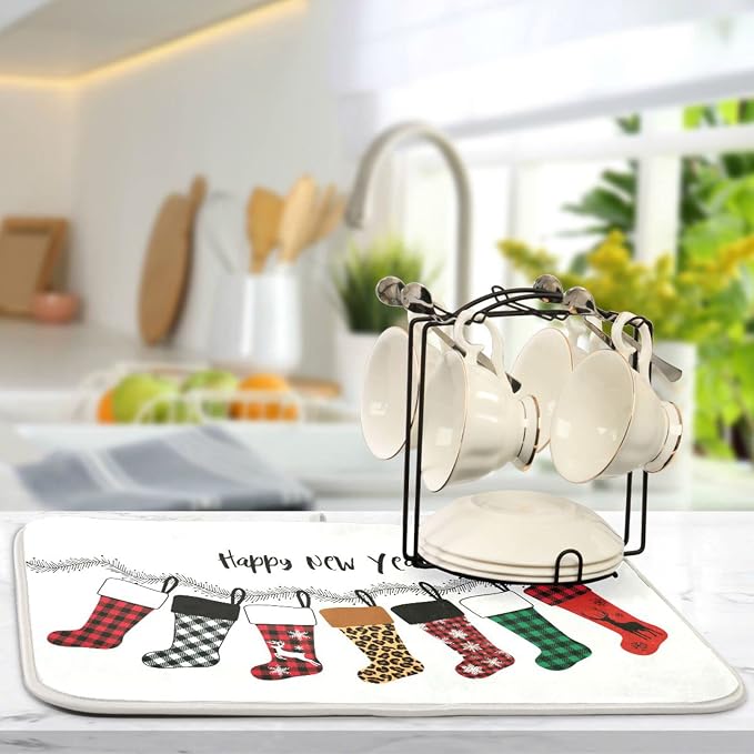 Super Absorbent Dish Drying Mat, Microfiber Fast-Drying Dish Mat, 24" x 18", Kitchen Dish Drying Pad, Christmas Stockings