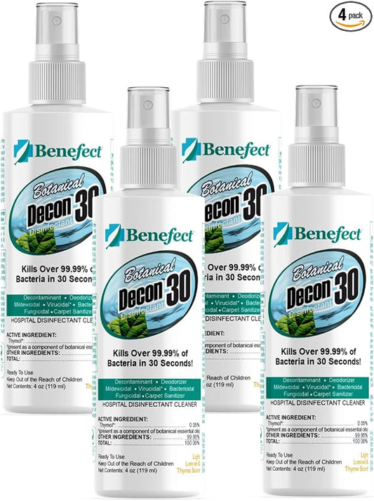 Benefect Botanical Decon 30 Disinfectant Cleaner, 4 oz. Spray Bottle, Light Lemon & Thyme Scent, Professional Botanical Cleaner, Kills Over 99.99% of Germs, Safe for Food-Contact Surfaces (Pack of 4)