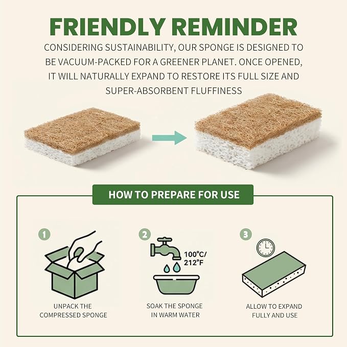 Metflavor Kitchen Sponges, 12 Count, Natural Non-Scratch Cellulose Sponge with Coconut Scrubber for Dishes, Biodegradable & Compostable, Non Toxic Cleaning Sponges for Kitchen, Bathroom, Household