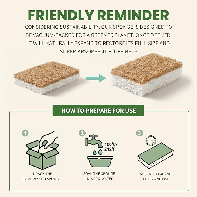Metflavor Kitchen Sponges, 48 Count, Natural Non-Scratch Cellulose Sponge with Coconut Scrubber for Dishes, Biodegradable & Compostable, Non Toxic Cleaning Sponges for Kitchen, Bathroom, Household
