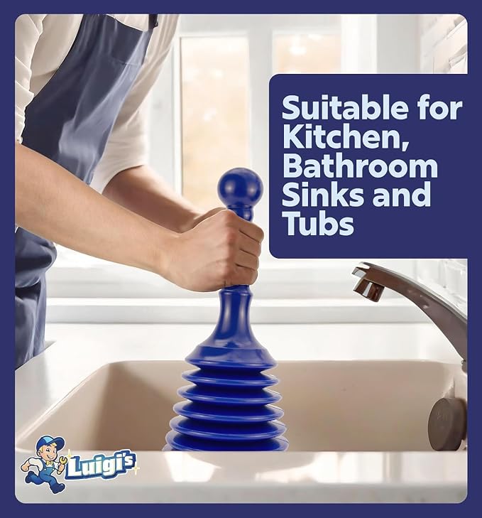 Luigi's Sink Plunger Kitchen - Sink Plunger Bathroom - Drain Bathtub or Shower - Small and Powerful Clog Remover - Commercial Style "Plumbers Plungers" with Large Bellows - Blue - Small