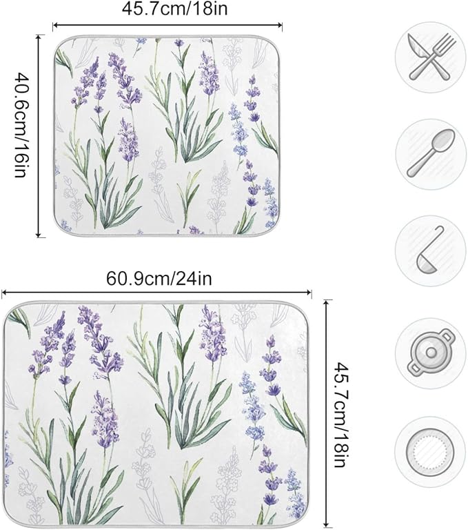 Absorbent Dish Drying Mat for Kitchen Counter - Cute Purple Lavender Microfiber Drying Pad, Reversible Drainer Mats for Countertop, Small 16 x 18 inch