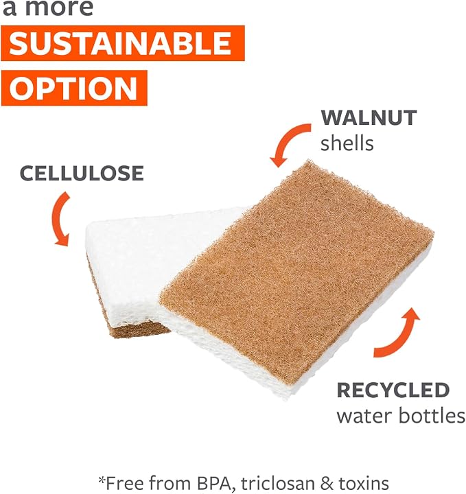 Full Circle Walnut and Cellulose Scrubber Sponges – Pack of 6 – Powerful, Non-Scratch Kitchen Sponges Made with Plant-Based Sustainable Materials, Safe for Nonstick Cookware