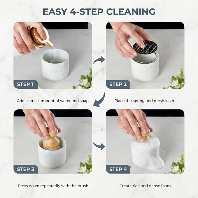 ONEMORE Bamboo Dish Brush with Ceramic Foaming Base, Kitchen Sink Scrub Brush Set with Spring and Mesh Insert, Wooden Handle Dishwashing Brush for Pots Pans Plates Bowls, Marble