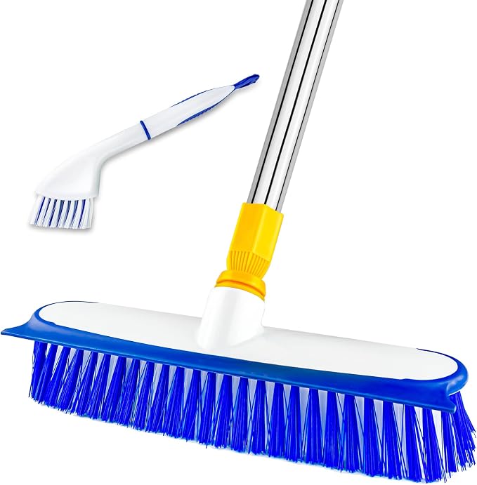Floor Scrub Brush - 2 in 1 Deck Scrub Brush with Long Handle for Tile, Deck, Patio, Marble, Garage, Wall, Kitchen, Bathroom