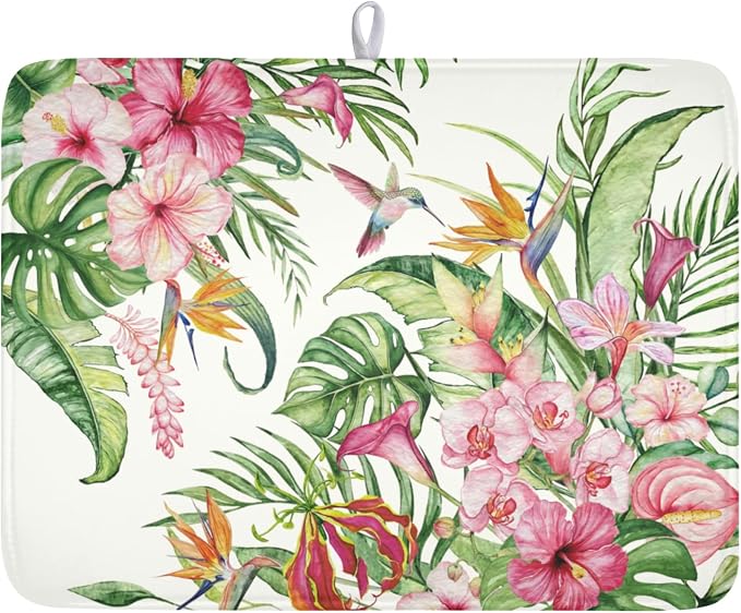 Floral Hibiscus Dish Drying Mat for Kitchen Counter 18x24 Inch | Floral，Polyester，Absorbent Microfiber，for Coffee Dining Bar Decor