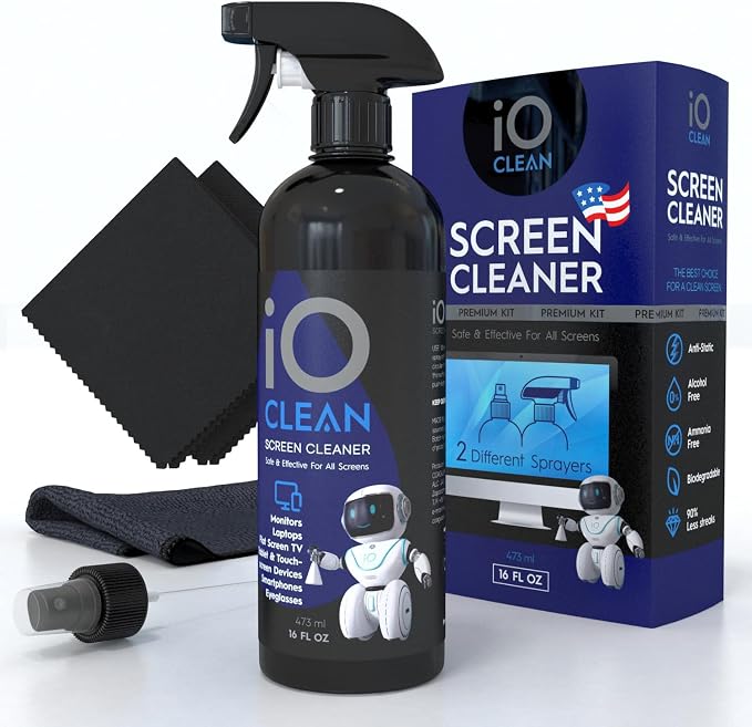 Screen Cleaner Spray (16oz - 473ml) – Large Cleaning Kit | for LCD LED OLED TV Smartphone, iPad, Laptop, Touchscreen, Computer Monitor, Electronic Devices 3 Cloths and 2 Nozzles