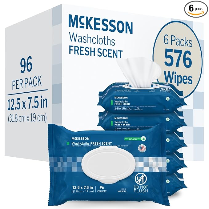 McKesson Washcloth Wipes, Scented, Adult Wet Wipes, 6 Pack, 576 Washcloths | Washcloths Disposable Wash Cloths for Body, Disposable Wet Wipes for Adults, Alcohol-Free, No-Rinse Formula