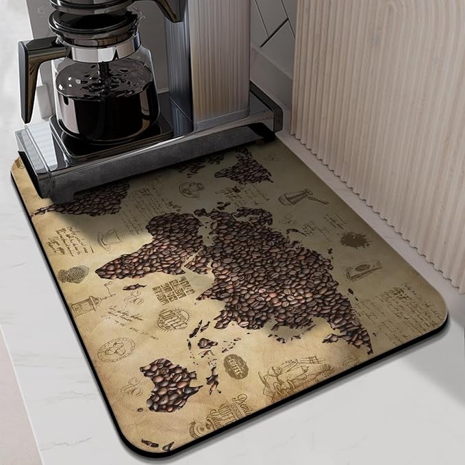 Coffee Bar Mat Accessories for Countertop - Super Absorbent Anti-Slip Silicone Flower Dish Drying Mats for Kitchen Counter - Draining Pad Decor Gift - Fit Coffee Maker, Espresso Machine - 24inx18in