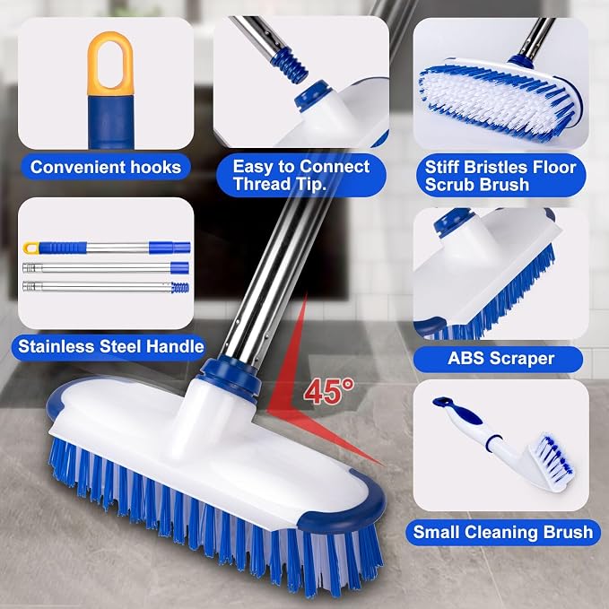 Floor Scrub Brush with Long Handle, 2 in 1 Deck Scrub Brush, Stiff Bristle Scrub Broom & Cleaning Brush for Tile Floor,Deck,Patio,Marble,Garage,Wall, Kitchen,Bathroom