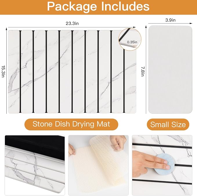Stone Dish Drying Mat for Kitchen - Upgrade Counter Mats Quick Dry | Foldable Design, Super Absorbent, (24"×16"/ 8"x4" ) , for Dishes Cups , No Water Stains, Core Material Upgrade, White