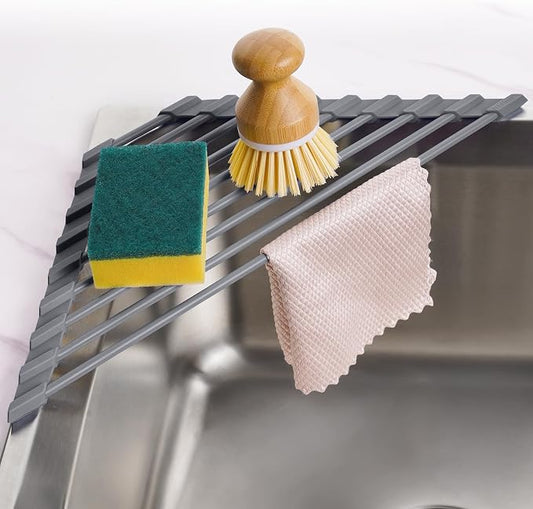 Tomorotec Corner Over the Sink Roll Up Drying Rack, Triangle Sink Dish Rack Mat, Silicone Wrapped Metal (Iron) Rods, Space Saving Dish Drainer, Heat Resistant Non Slip Trivet for Cookware（Deep Gray）