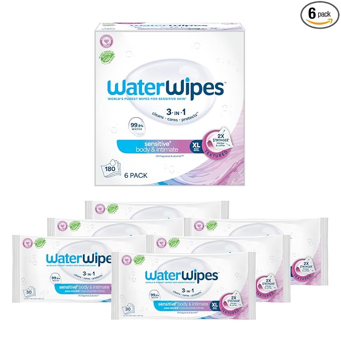 WaterWipes Sensitive Whole Body Cleansing Wipes, 99.9% Purified Water, XL Textured Wipes, Incontinence Care, Fragrance Free, 180 Count