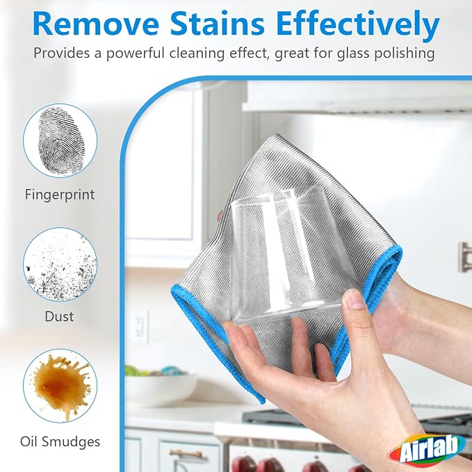 Airlab Glass Polishing Streak Free Miracle Cleaning Cloth, Sliver-Blue | Lint Free Microfiber Cleaning Rags for Glasses Kitchen Dish Mirrors Easy Clean, 12 x 12 Inches, Pack of 6