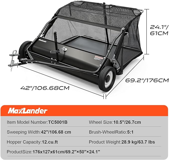 MAXLANDER 42-Inch Tow-Behind Lawn Sweeper with 12 Cu.Ft. Hopper, Adjustable Brush Height, Pull Behind Leaf & Grass Collector for Lawn Tractors