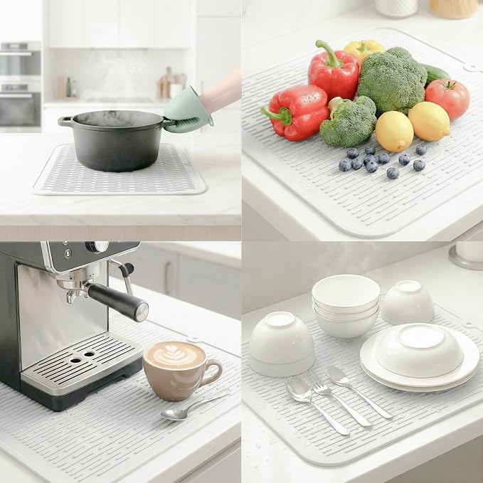 MicoYang Silicone Dish Drying Mat for Multiple Usage,Easy clean,Eco-friendly,Heat-resistant Silicone Mat for Kitchen Counter or Sink,Refrigerator or Drawer Liner White XL 18 inches x 16 inches