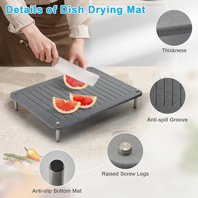 3Pcs Nesting Stone Drying Mat for Kitchen Counter, Quick Drying Stone Dish Drying Mat with Non-Slip Feet, Super Absorbent Heat Resistant Diatomaceous Earth Dish Drying Mat for Dishes, Bottles-Linear