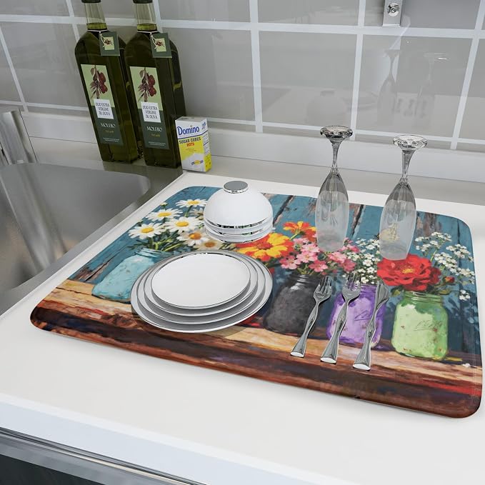Floral Dish Drying Mat for Kitchen Counter 18x24, Spring Summer Farmhouse Decorative Absorbent Reversible Microfiber Kitchen Countertop Protector Dishes Drainer Pad