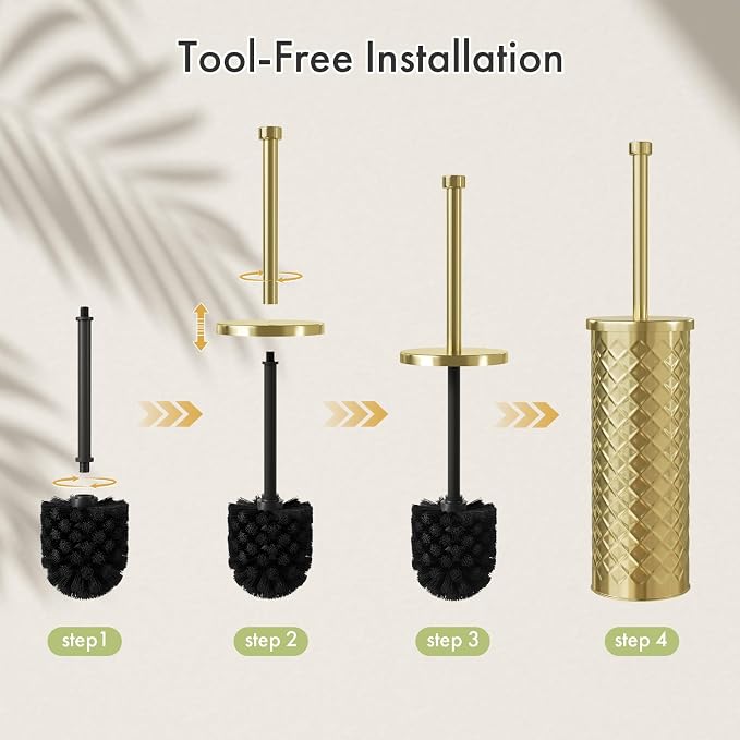Toilet Bowl Brush and Holder Set 2 Pack with 4 Extra Brush Heads | Extra Long Handle with Splash Guard Cover, Tool-Free Installation, Bathroom Space-Saving, Cleaner Sets for Apartments, RV (Gold)