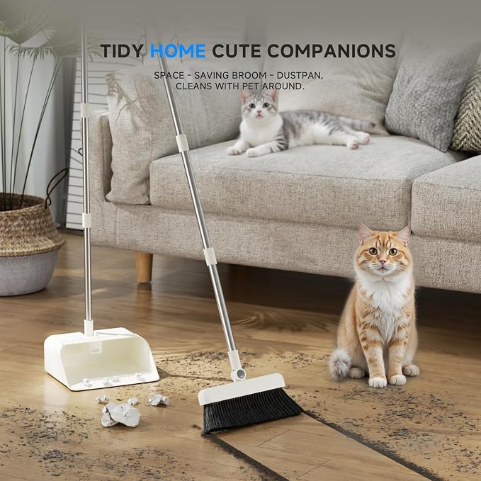 Magnetic Broom and Dustpan Set with Silicone Broom Squeegee, 55'' Broom with Dustpan Combo Set Self-Cleaning Teeth Design Upright Standing Dustpan Blue Microfiber Cloth for Indoor Floor Home Kitchen