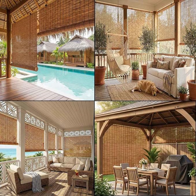 Bamboo Roller Shades for Outdoor Patio, Blackout Roll Up Blinds Cordless Bamboo Blinds for Indoor Windows Waterproof Roman Reed Shades Porch Balcony Outside Privacy Sun Shade(30" W x 72" H)