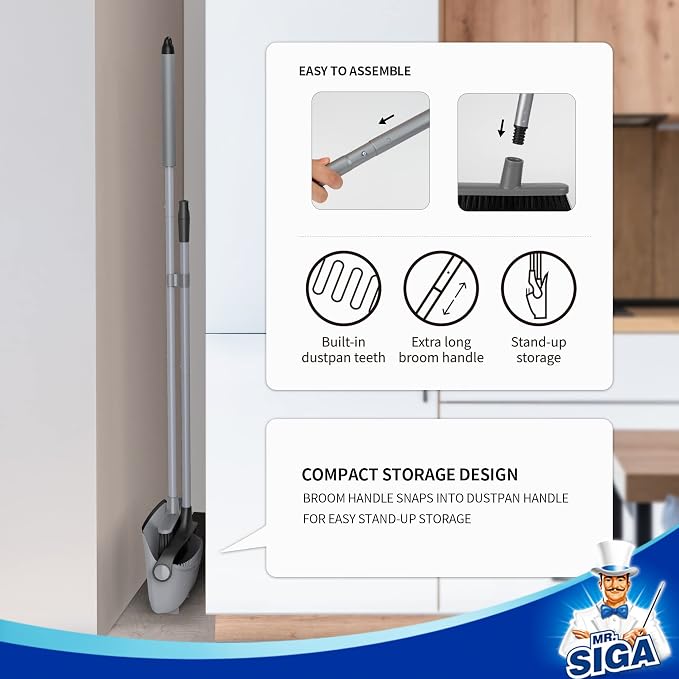 MR.SIGA Broom and Dustpan Set with Adjustable Long Handle, Gray | Stand upright broom with dustpan combo for home, office and garage easy sweeping and storage. 51.7"(131 cm) broom handle