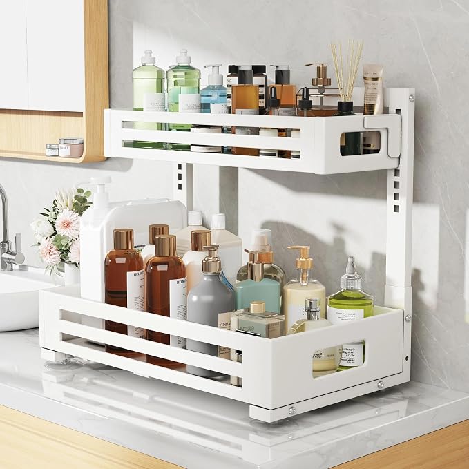 2 Pack 17IN-Depth Under Sink Organizer,Pull Out Cabinet Organizer With Smooth Cylindrical Rail,Metal Slide Out Drawer for Kitchen Bathroom Laundry,8-Level Tool Free Height Adjustable-White