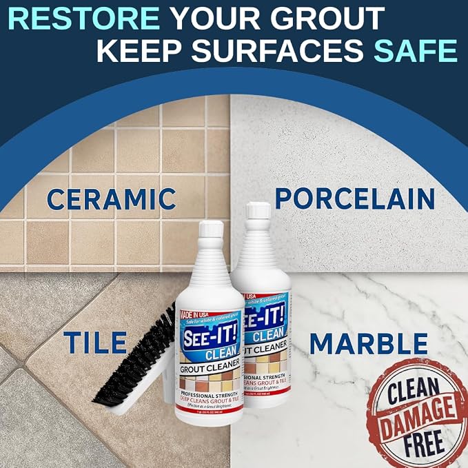 SEE-IT! Grout & Tile Deep Cleaner Brightener & Heavy-Duty Stain Remover Acid-Free Safe for Ceramic, Porcelain, Marble, Stone - Two 32 fl. oz. Bottles with Floor Cleaning Brush