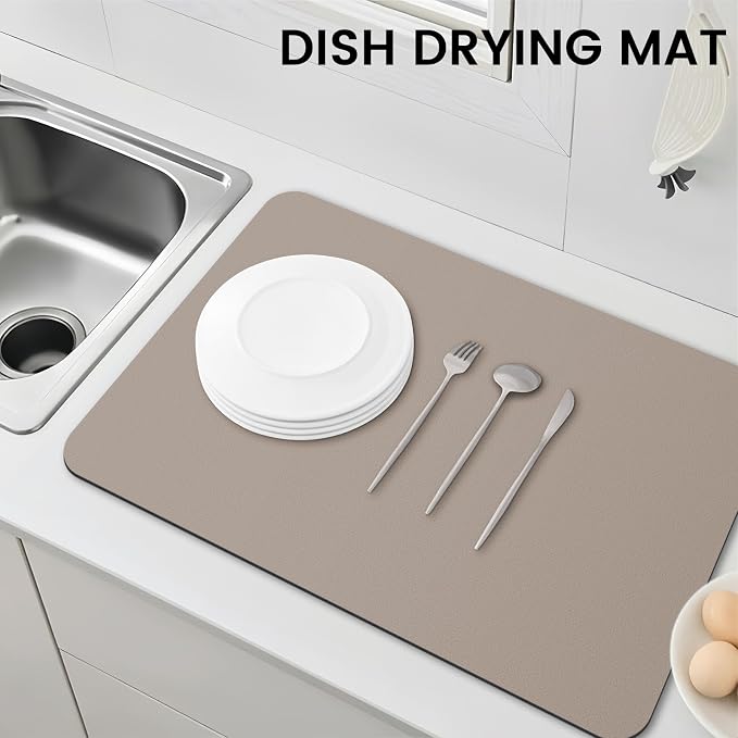 WISELIFE Dish Drying Mat Super Absorbent Drying Mat Large Dish Drying Mats for Kitchen Counter Easy Clean Dish Mat Kitchen Drying Mat16"x 24" Classic Khaki