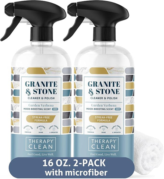 Therapy Granite & Stone Cleaner and Polish, pH Neutral, Marble & Quartz | Includes microfiber cloth. Safe for granite, marble, quartz, soapstone, slate, limestone, corian & laminate. Two 16oz