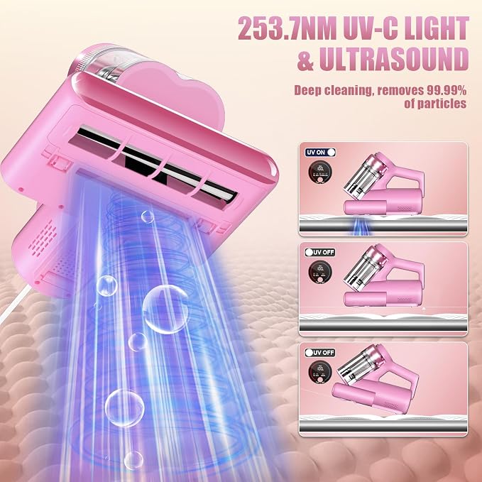 Teant Mattress Bed Vacuum Cleaner, 16 kPa Suction & 253.7nm UV-C, MV-Pink | 2-Speed Mattress Vacuum with 33000 RPM Tapping, UV-C, Ultrasonic, 149℉ Heat, Anion, HEPA, Deep Clean for Bed and Pet Hair