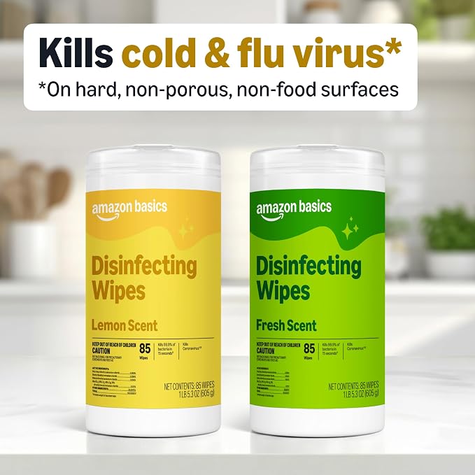 Amazon Basics Disinfecting Wipes, Lemon & Fresh Scent, Sanitizes, Cleans, Disinfects & Deodorizes, 255 Count (3 Packs of 85), Packaging May Vary
