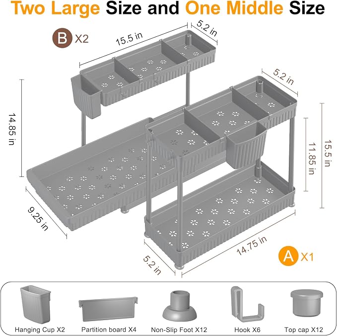 Sevenblue 3 Pack Multi-Purpose Pull-Out Storage Organizers, 2-Tier L-Shaped Under Sink/Cabinet Organizers and Storage for Bathroom & Kitchen,Grey,14.85 Inch