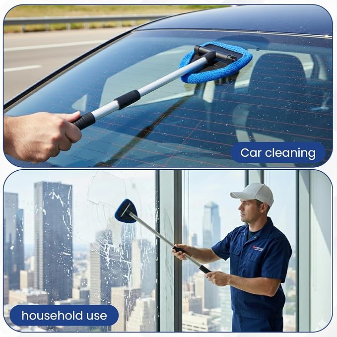 Windshield Cleaner Tool for Inside Car Windows with 6 Microfiber Pads Power Blade Glass Cleaning Kit, Magnetic Reach Handle for Auto Interior, Streak Free Window Supplies